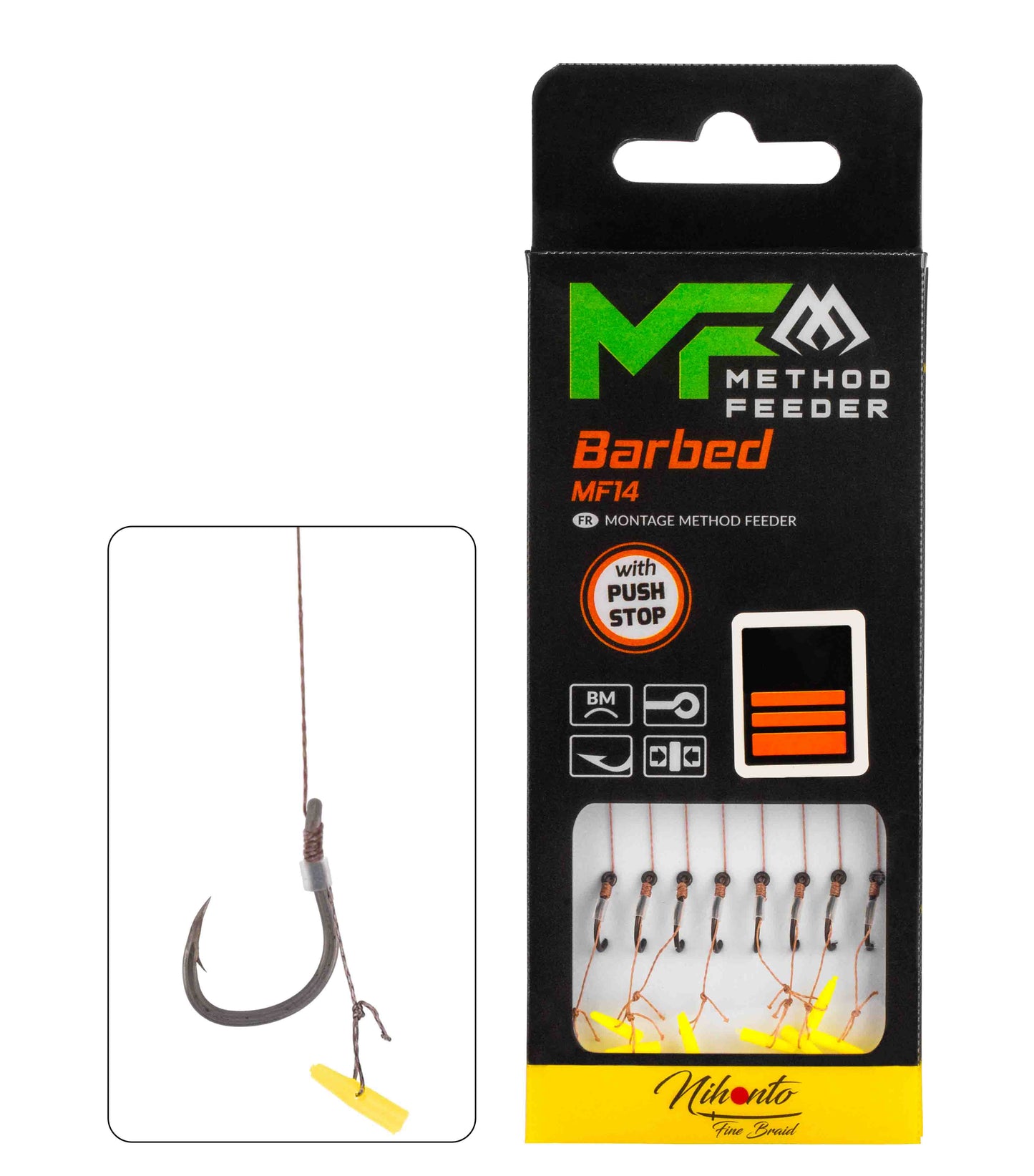 Mikado Leader Mf - MF14 Mit Push Stop - Haken Mit Widerhaken Grösse 12 / Geflochtene SCHNÜRE: 0.12mm/10cm - 8 Stk.