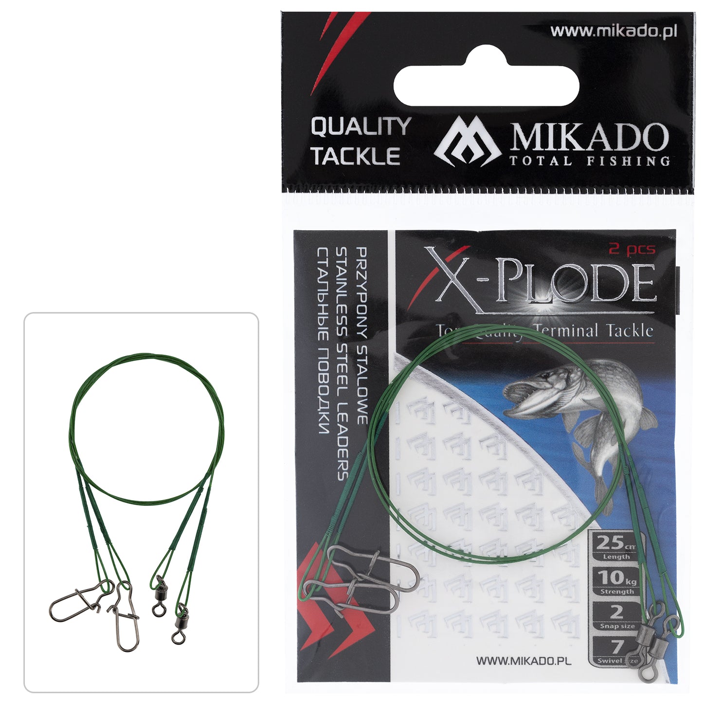 Mikado Stahl-Leader - Mit Wirbel Und Safety Snap (FS) 15cm/15kg - Grün - 2 Stk.