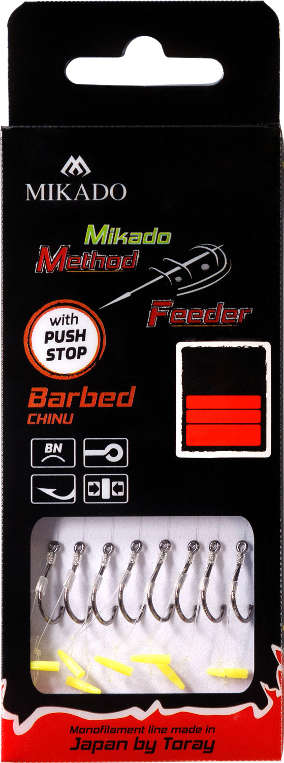 Mikado Methode Feeder Rig - Mit Push Stop - Haken Mit Widerhaken Grösse 8 / Schnur: 0.25mm/10cm - 8 Stk.