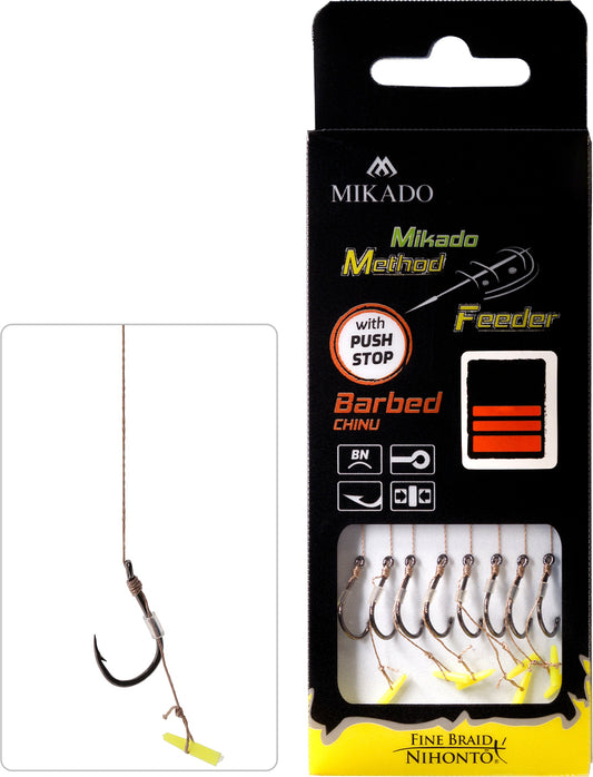 Mikado Methode Feeder Rig - Mit Push Stop - Haken Mit Widerhaken Grösse 12 / Geflochtene Schnüre: 0.12mm/10cm - 8 Stk.