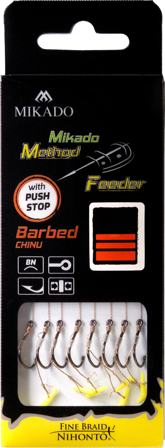 Mikado Methode Feeder Rig - Mit Push Stop - Haken Mit Widerhaken Grösse 8 / Geflochtene Schnüre: 0.14mm/10cm - 8 Stk.