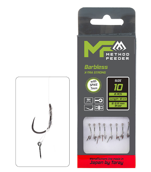 Mikado Method-Feeder-Vorfach - X-Tra Strong Mit Köderspike - Haken Ohne Widerhaken NR. 10 / Monofil 0.23mm/10cm - 8 Stk.