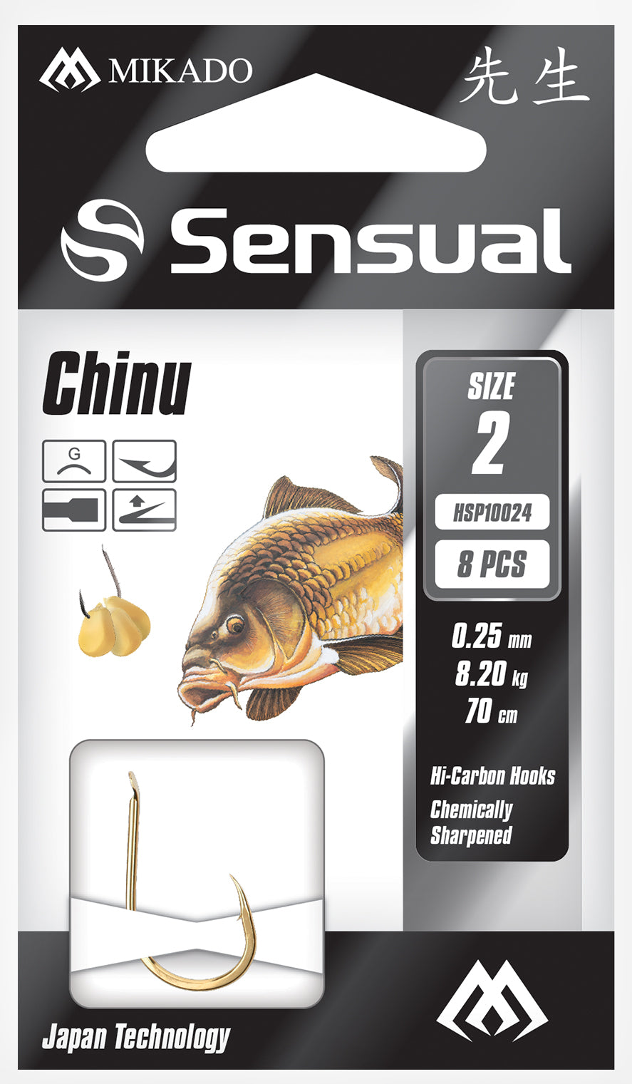 Mikado Gebundene Haken - Sensual - Chinu No 2 G / Schnur: 0.25mm/70cm - 8 Stk.