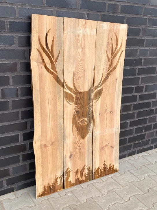 Hirsch mit Berglandschaft Holzbohle Deko Jagd Wandbild