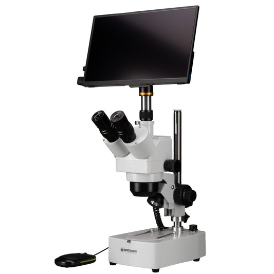 BRESSER Advance ICD 10x-160x Zoom-Stereomikroskop mit MikroCam PRO HDMI Autofocus Mikroskopkamera und Full HD MINI HDMI Display (13.3")